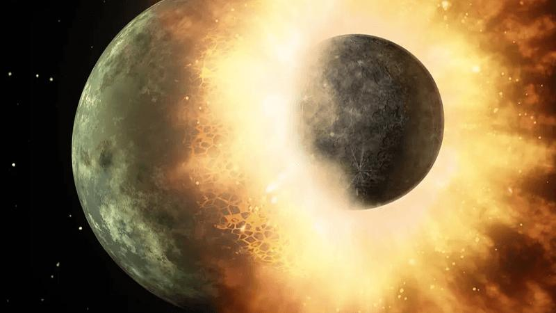 Artist impression of two plance colliding, the second one is significantly smaller than the first.