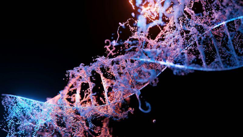 Un filamento di materiale genetico DNA su sfondo nero