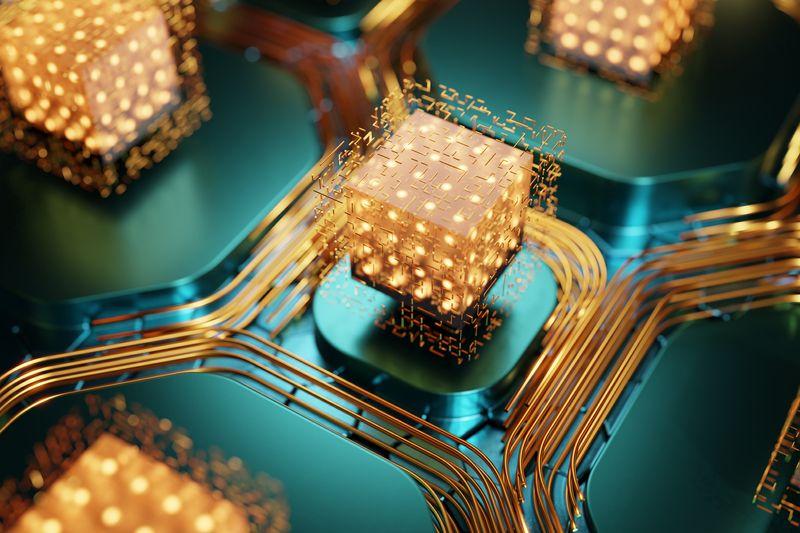 Rendering 3D di cubi fluttuanti dorati luminosi su piattaforme metalliche azzurre collegate da fili dorati