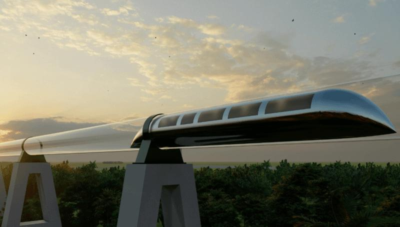 Un'immagine artistica di un treno Hyperloop che viaggia in un tubo di vetro su piloni.