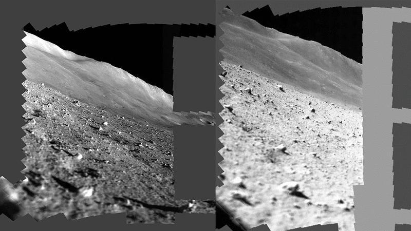 Immagini mosaic di superficie lunare scattate dal MBC di SLIM immediatamente dopo l'atterraggio (a destra) e quando si è risvegliato dopo il ripristino dell'alimentazione (a sinistra).