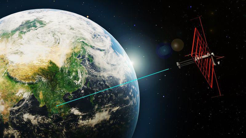 Rappresentazione artistica di come il sistema appare nello spazio sparando un laser verso la Terra