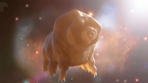 Un tardigrado che fluttua nello spazio.