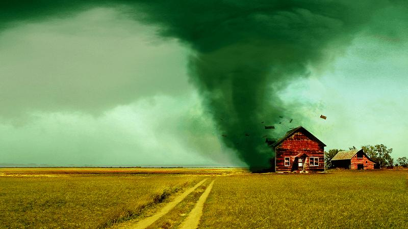 Un tornado che colpisce una casa.