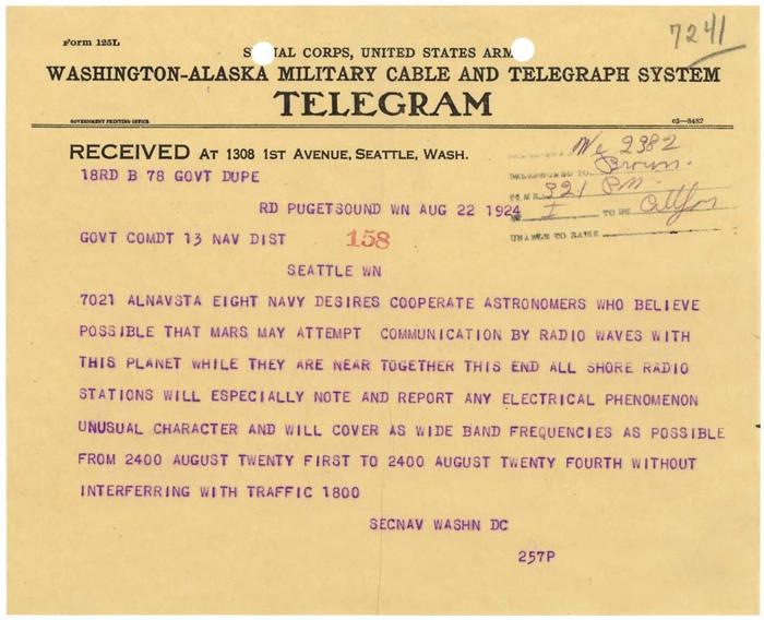 Un telegramma inviato chiedendo collaborazione nella ricerca di vita aliena.