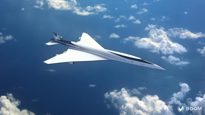 Un'immagine dell'artista dell'aereo Overture di Boom Supersonic in volo.