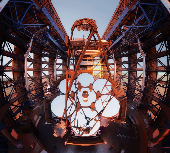 Una rappresentazione artistica di come potrebbe apparire il Grand Magellan Telescope una volta costruito, se verrà costruito.