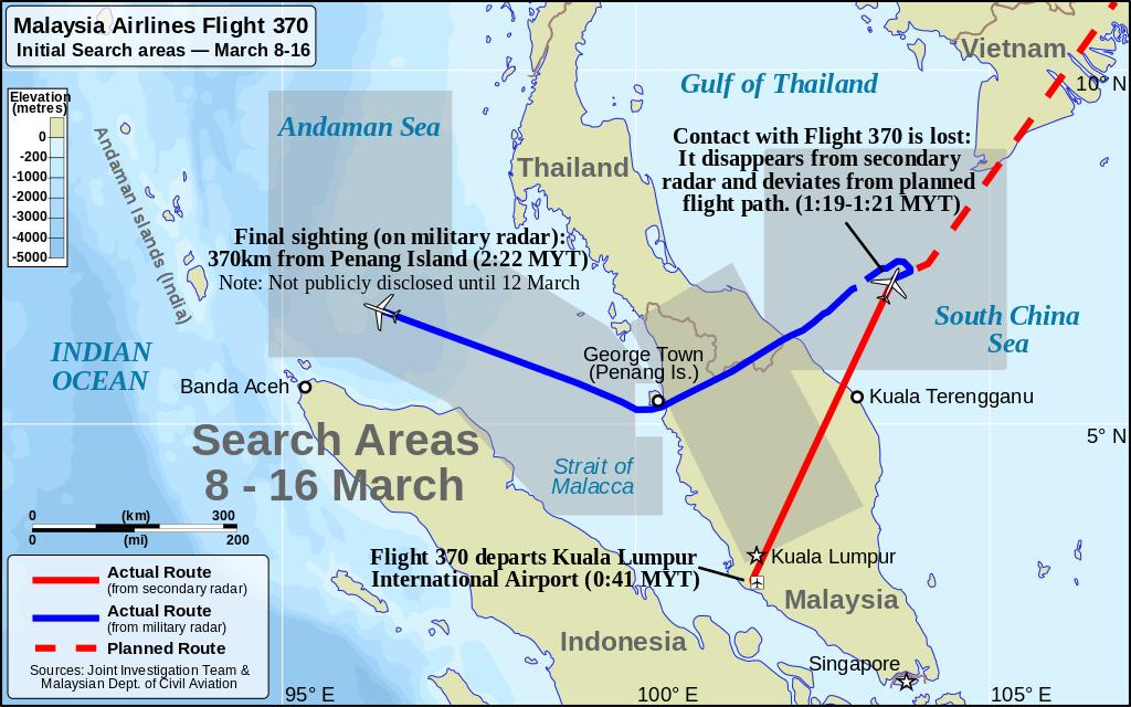 L'area di ricerca iniziale per il volo Malaysia 370 nel Sud-est asiatico (8-16 marzo)