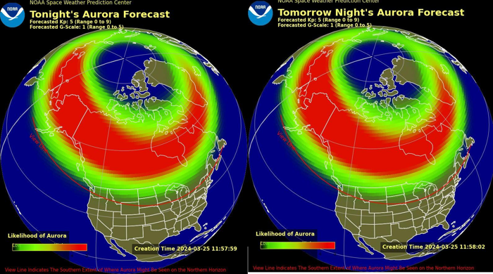 Una previsione dell'aurora dal Centro di Previsione del Tempo Spaziale della NOAA per domenica 24 marzo (sinistra) e lunedì 25 marzo (destra)
