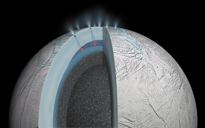 rappresentazione artistica di Encelado, mostrando strati della crosta della luna e crepe attraverso le quali possono sfuggire prugne nello spazio