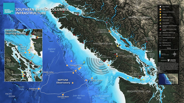 Mappa dell'infrastruttura di osservazione oceanica nel sud della Columbia Britannica di Ocean Network Canada.