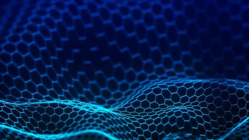 Un'immagine digitale futuristica di una maglia fatta di esagoni che si curva e si increspa come un tessuto. La maglia è composta da varie tonalità luminose di blu e si appoggia su uno sfondo blu scuro.