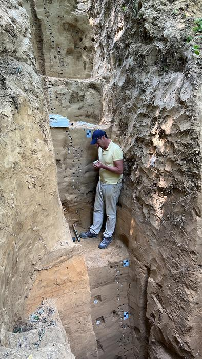Sezione loess campionata per stratigrafia integrata a Krakow-Zwierzniec, Polonia, con il ricercatore in piedi al livello con prove di una precoce presenza di H. sapiens.