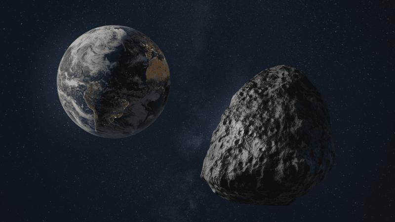Illustrazione concettuale in rendering 3D dell'asteroide 99942 Apophis nello spazio che sorvola il pianeta Terra