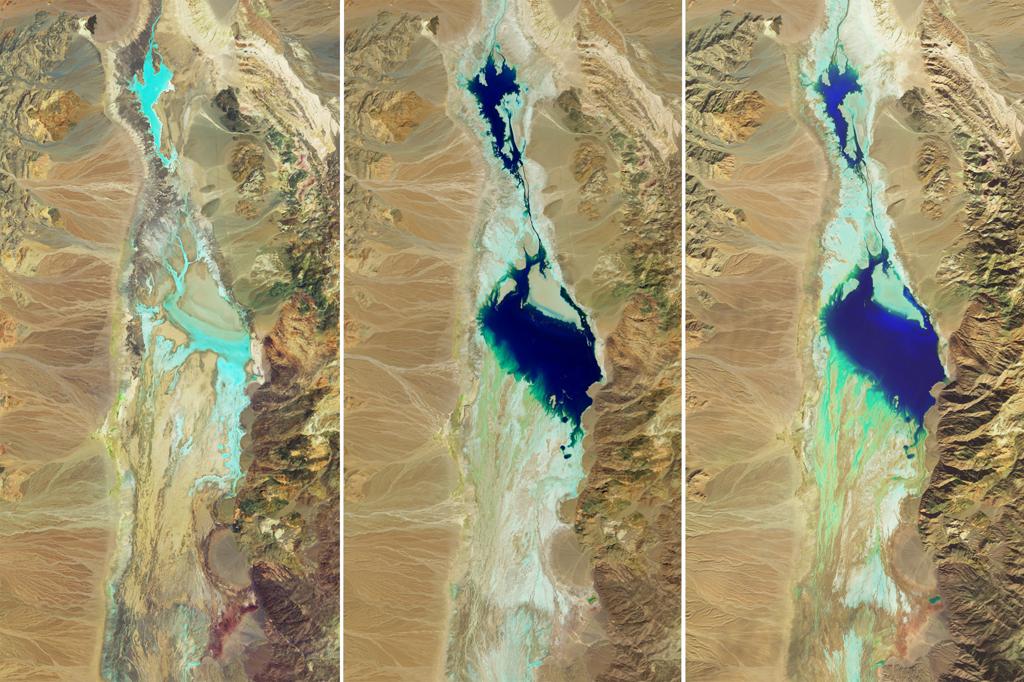 Satellite images of Badwater Basin on July 5, 2023 (left), August 30, 2023 (center), and February 14, 2024, after the atmospheric river hit (right).