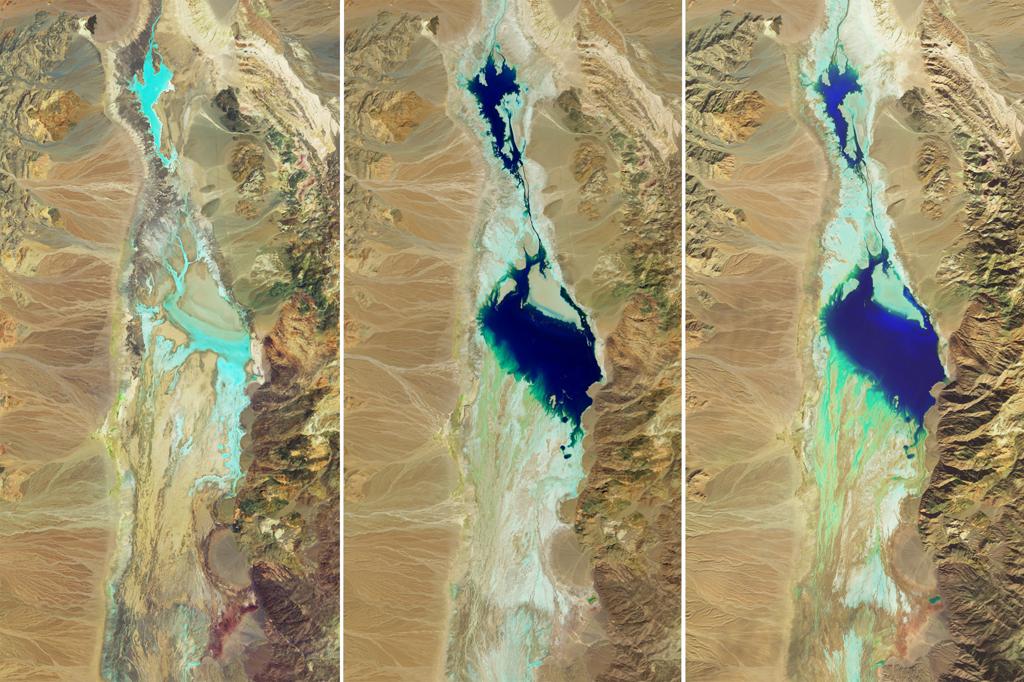 Satellite images of Badwater Basin on July 5, 2023 (left), August 30, 2023 (center), and February 14, 2024, after the atmospheric river hit (right).