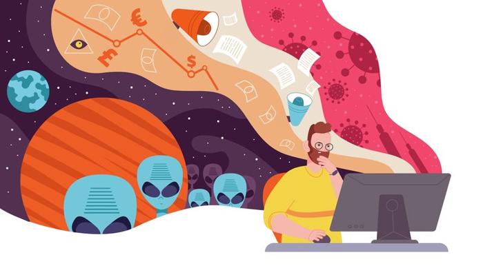 illustrazione di un uomo bianco barbuto con una maglietta gialla seduto davanti a un computer desktop; onde colorate escono da dietro di lui illustrando le comuni teorie del complotto sugli alieni, gli illuminati e il COVID-19