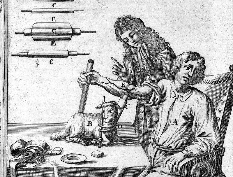 Un'illustrazione in bianco e nero di un ragazzo che riceve una trasfusione di sangue di agnello sotto lo sguardo di Jean-Baptiste Denys nel 1667