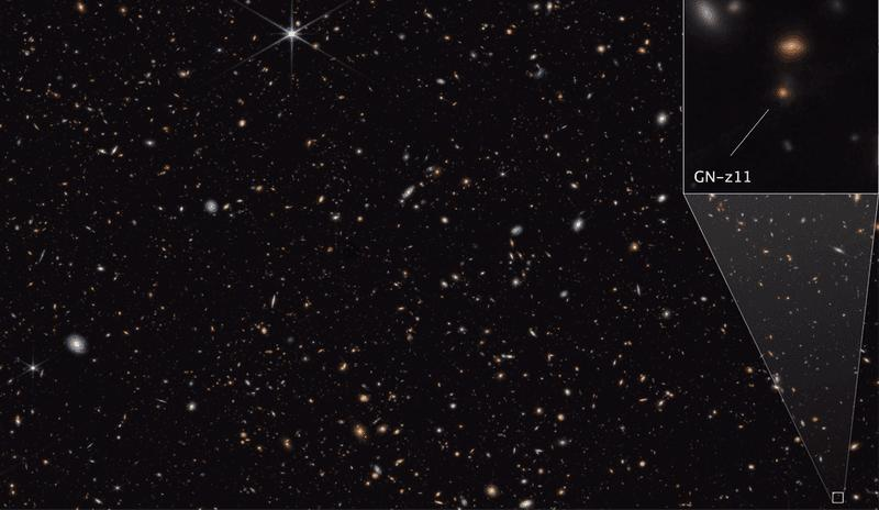 Appena visibile nelle immagini del JWST la galassia GN-z11 ha un alone potenzialmente illuminato dalle stelle della terza popolazione molto ricercate