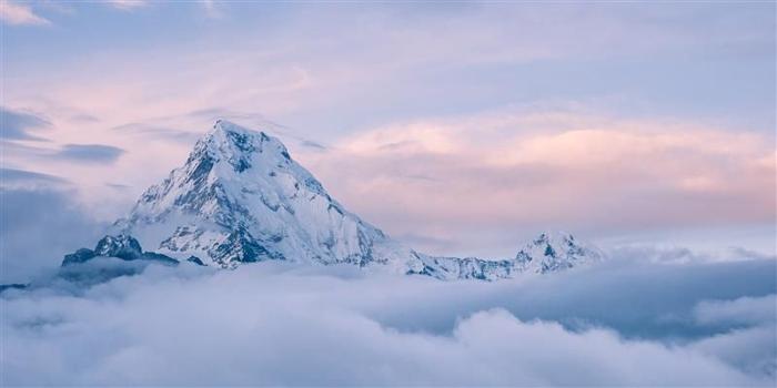 Una foto di una cima di montagna che spunta sopra le nuvole. La cima della montagna è a forma di cuneo e coperta di neve con alcune zone di roccia che traspaiono. Il cielo alle spalle è pallido, illuminato dalla luce del mattino. 