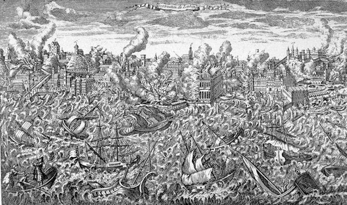 Una foto di un'antica incisione in rame di Lisbona durante il terremoto del 1755. L'immagine mostra i tetti degli edifici e le colonne di fumo che si alzano dalla città che è stata persa sotto l'acqua. Ci sono barche e navi con i sopravvissuti che cercano di sfuggire alla devastazione. 