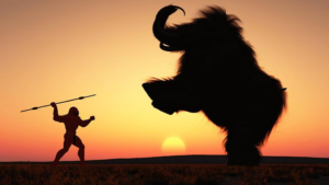 Un mammut inseguito da un Neanderthal.