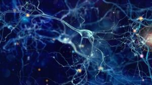 Illustrazione concettuale di cellule neuronali con nodi luminosi in uno spazio oscuro astratto, illustrazione 3D ad alta risoluzione
