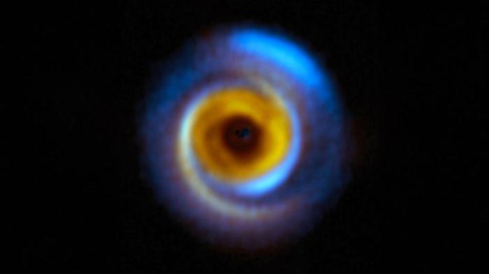 Un disco blu circolare con un disco giallo più piccolo all'interno. filamenti di entrambi il giallo e il blu (materiale a diverse temperature) sono visibili suggerendo la presenza di pianeti in formazione.