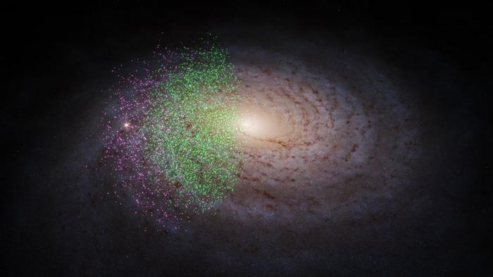 L'immagine mostra una galassia a spirale generica. I punti rosa che rappresentano lo sguardo di Shakti sono tutti verso il bordo con poco sovrapposizione con le stelle di Shiva che raggiungono il nucleo della nostra galassia