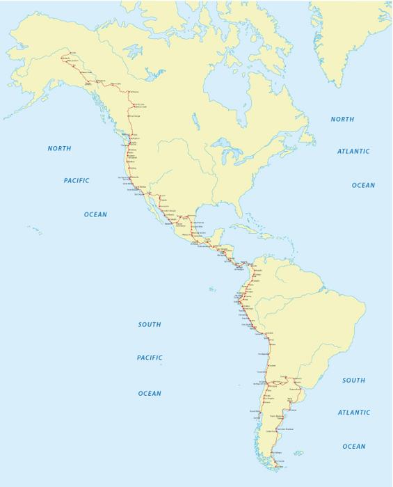 Una mappa delle Americhe che mostra l'Autostrada Panamericana dall'Alaska all'Argentina. Una mappa delle Americhe che mostra l'Autostrada Panamericana dall'Alaska all'Argentina.