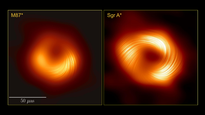 Un confronto lato a lato delle due immagini dei buchi neri che mostrano una rappresentazione simile del campo magnetico come linee sottili luminose sulla loro forma approssimativamente a forma di ciambella. Le linee avvolgono l'intera forma