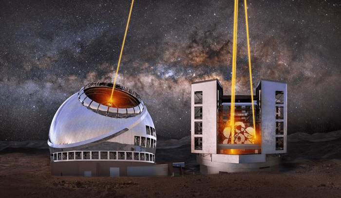 Rappresentazione artistica del Thirty Meter Telescope (TMT) (sinistra) e del Giant Magellan Telescope (GMT) (destra) con i loro Laser Guide Stars (LSG) accesi.