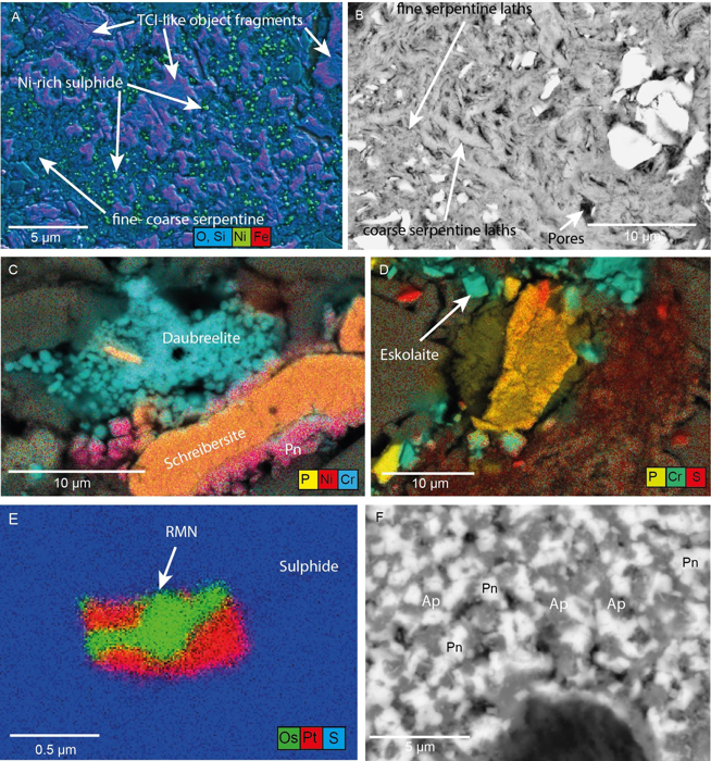 Minerali a grana fine provenienti dal meteorite di Winchcombe, mostrando la diversità dei minerali e con gli elementi mostrati