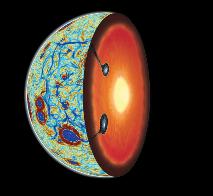 mappa del gradiente gravitazionale del lato vicino della Luna e sezione trasversale che mostra due abbassamenti cumulativi di ilmenite dal ribaltamento del mantello lunare.