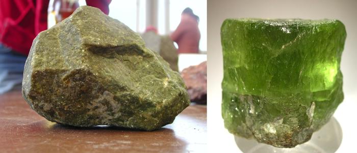 La peridotite si presenta in alcune forme diverse, come la dunite (sinistra) e grandi cristalli di olivina (destra)