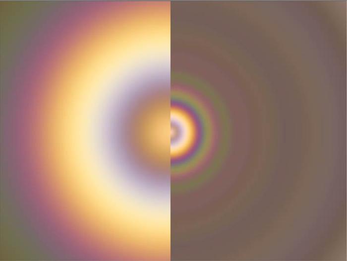 Un confronto delle glorie su Venere (sinistra) e sulla Terra come apparirebbero se visibili con attrezzature in grado di vedere i colori. La differenza nelle dimensioni degli anelli riflette il fatto che le goccioline sono molto più piccole nell'atmosfera di Venere.
