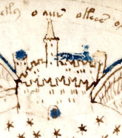 Un'immagine ravvicinata di un castello e delle mura circostanti incluse nel disegno a rosetta. Il castello ha una guglia al centro e ha piccole stelle dettagliate sotto di essa nello spazio negativo del disegno. Ci sono anche dettagli blu intorno alla porta, una torretta e lungo l'interno delle mura. 