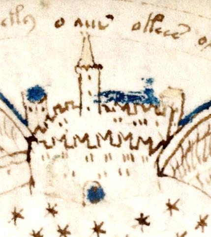 Un'immagine ravvicinata di un castello e delle mura circostanti incluse nel disegno a rosetta. Il castello ha una guglia al centro e ha piccole stelle dettagliate sotto di essa nello spazio negativo del disegno. Ci sono anche dettagli blu intorno alla porta, una torretta e lungo l'interno delle mura.