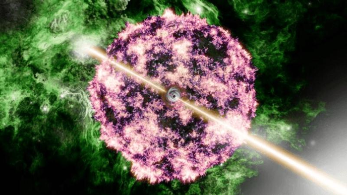 Rappresentazione dell'artista dei getti eccezionalmente stretti dalla supernova e dall'accompagnamento del lampo gamma noto come B.O.A.T, o GRB 221009A.