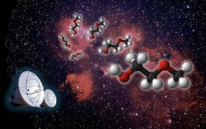 Rappresentazione artistica che mostra un diagramma della molecola sovrapposto alla nebulosa della zampa del gatto e un cielo stellato