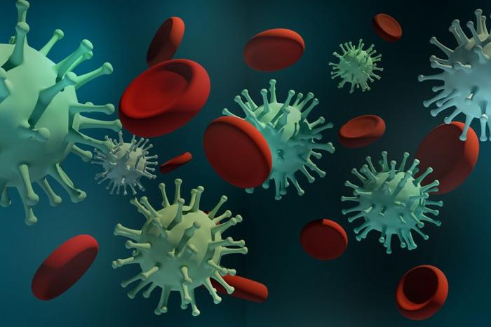 render 3D delle particelle verdi del virus COVID e delle cellule rosse del sangue su sfondo verde scuro