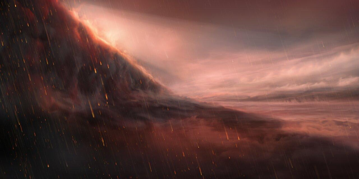 Immagine dell'artista del ferro che piove dal cielo sul lato oscuro di WASP-76b dove è abbastanza freddo da vaporizzare il ferro per liquefarlo