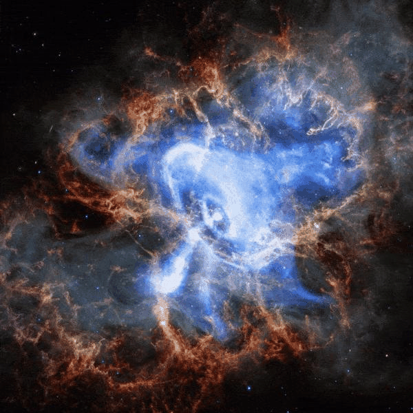 la vista della nebulosa del granchio mostra un disco luminoso intorno a un punto luminoso - il pulsar - con un getto che si propaga dal disco. sia il disco che il getto cambiano nel tempo.