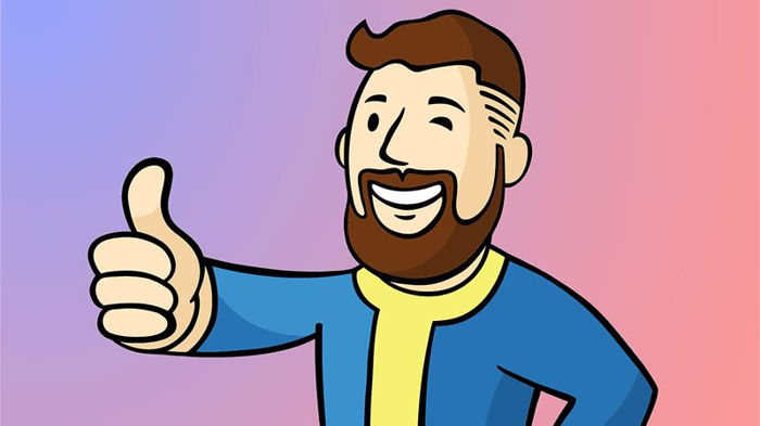 Un personaggio di cartoni animati di Fallout che fa il pollice in su.