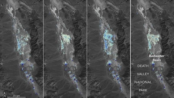 Immagini satellitari del Badwater Basin nel febbraio e marzo 2024, con una rappresentazione a gradiente di colore della profondità del Lago Manly.