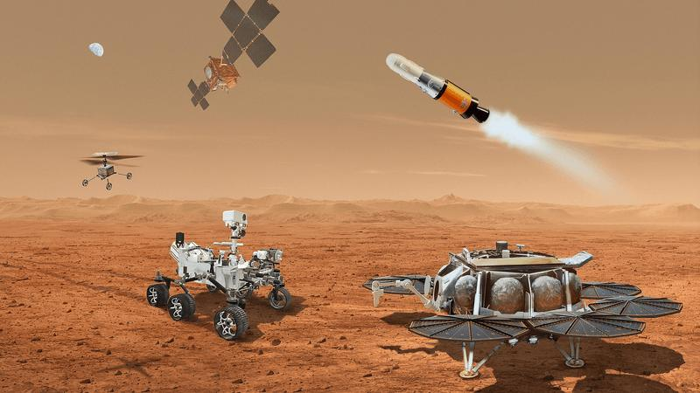 Rappresentazione dell'artista del ritorno campione di Marte proposto, ma rinviato. Il componente dell'elicottero almeno è probabile che venga eliminato.