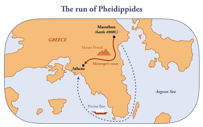 Una mappa che mostra il percorso percorso da Fidippide, il mito greco a cui sono intitolate le moderne maratone