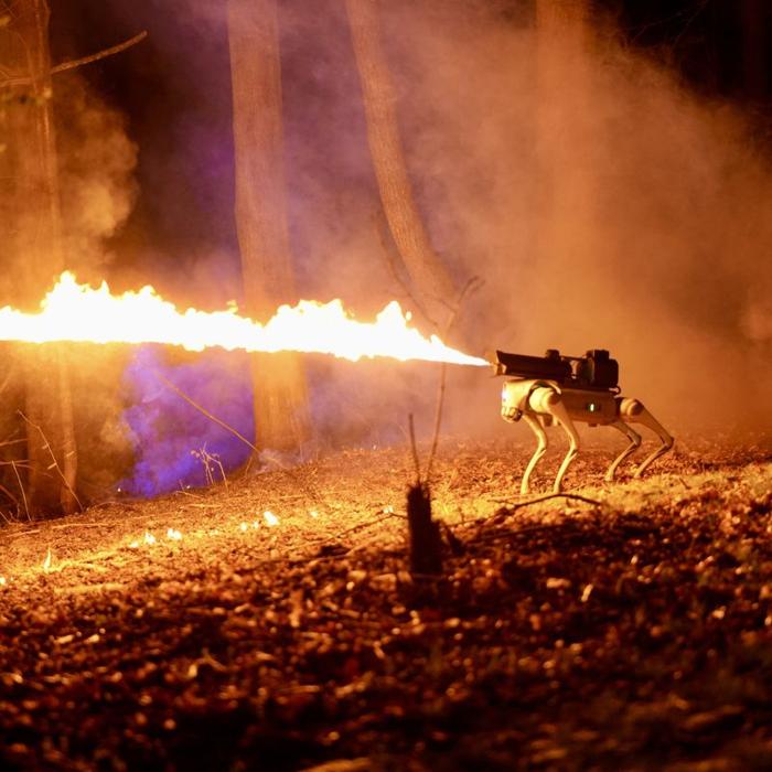Il cane robot Thermonator con un lanciarazzi in cima, sparando una scia di fuoco in una foresta. 