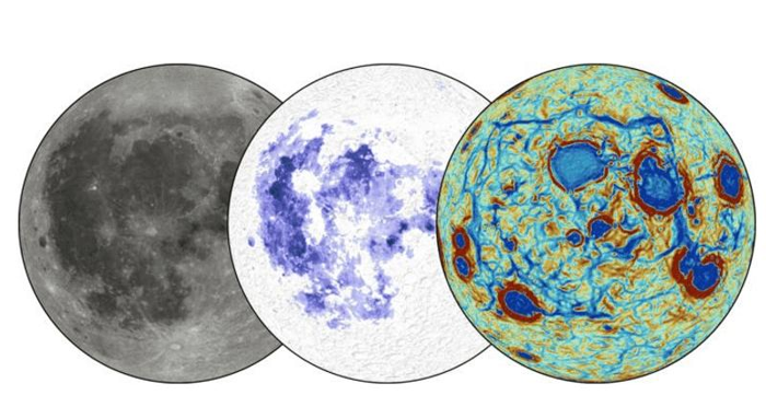 I mari vicini al lato lunare sono flussi vulcanici ricchi di titanio (al centro). Sono circondati da un modello poligonale di anomalie gravitazionali lineari (blu a destra) causate da vestigia di materiale denso che è affondato all'interno, e che rivelano la precoce evoluzione degli strati esterni della Luna.