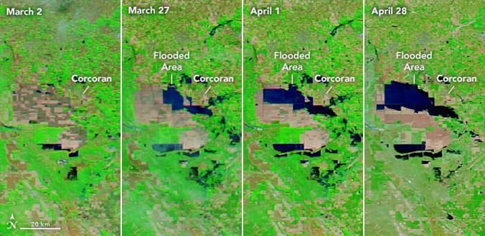 La rinascita del Lago Tulare vista nelle immagini satellitari tra il 2 marzo e il 28 aprile 2023